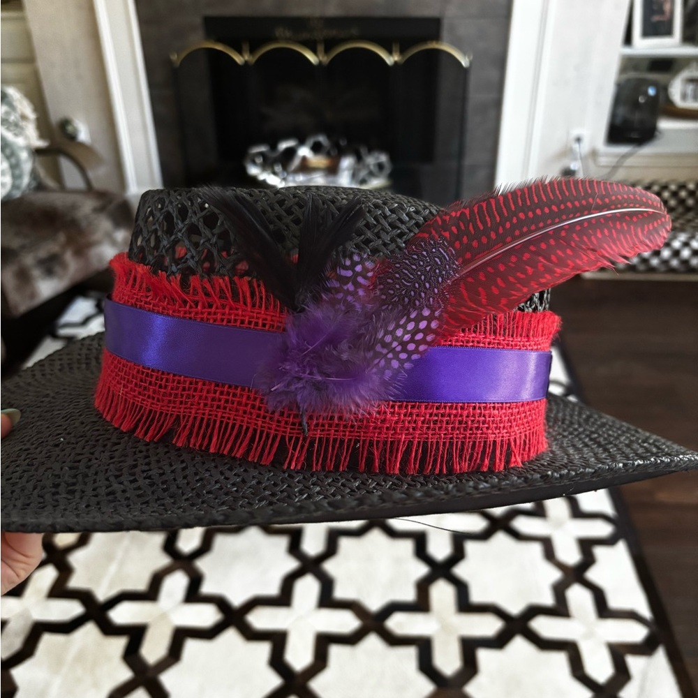 🐎💜❤️ Derby Black Straw Fedora with Red Trim, Purple Ribbon & Feather Accent